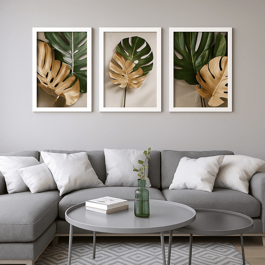 Kit 3 Quadros Decorativos com Moldura – Folhagem Costela de Adão