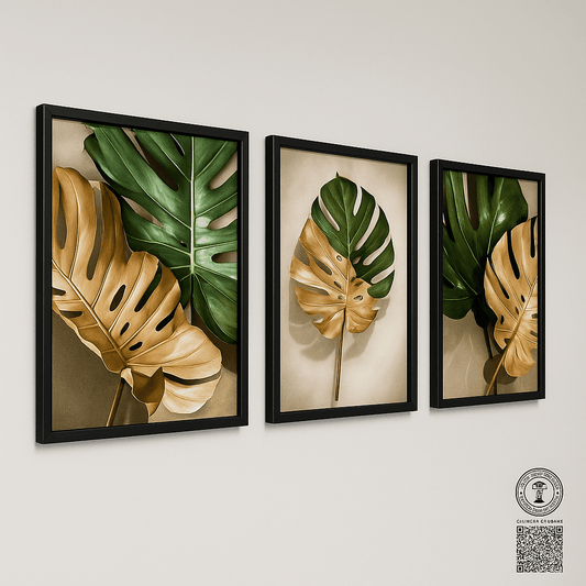 Kit 3 Quadros Decorativos com Moldura – Folhagem Costela de Adão
