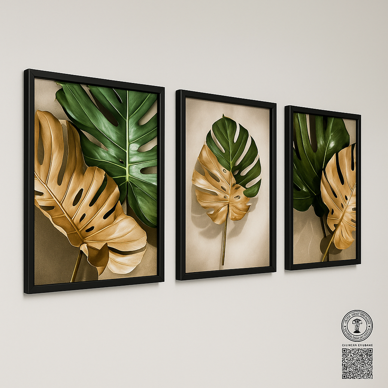 Kit 3 Quadros Decorativos com Moldura – Folhagem Costela de Adão