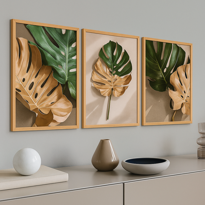 Kit 3 Quadros Decorativos com Moldura – Folhagem Costela de Adão
