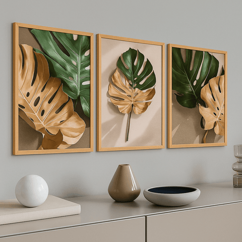 Kit 3 Quadros Decorativos com Moldura – Folhagem Costela de Adão